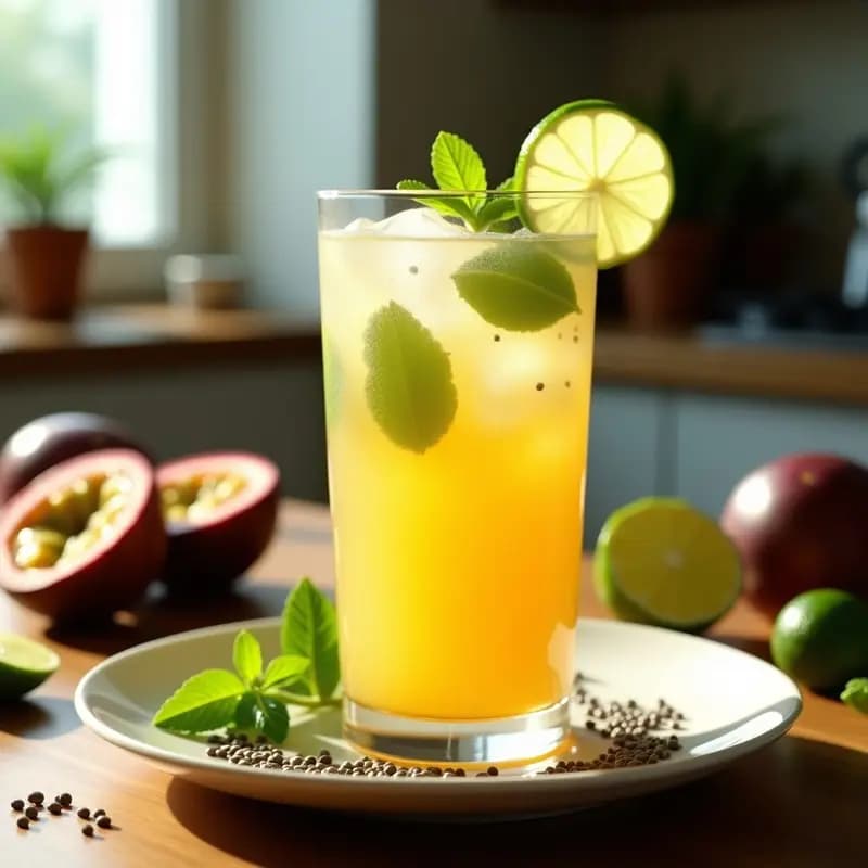 Vaso alto transparente con té helado de maracuyá y menta con chía, semillas de chía suspendidas en el líquido amarillo claro, hojas de menta fresca flotando y cubos de hielo. Fondos borrosos de frutas tropicales y una cuchara de madera.