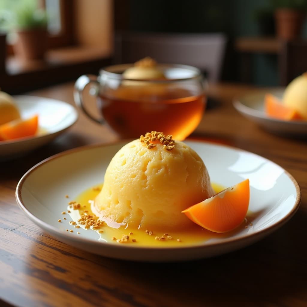Vaso alto transparente con té helado de rooibos y maracuyá, semillas de chía gelificadas, rodajas de limón y hojas de menta, bebida sudamericana antioxidante refrescante.