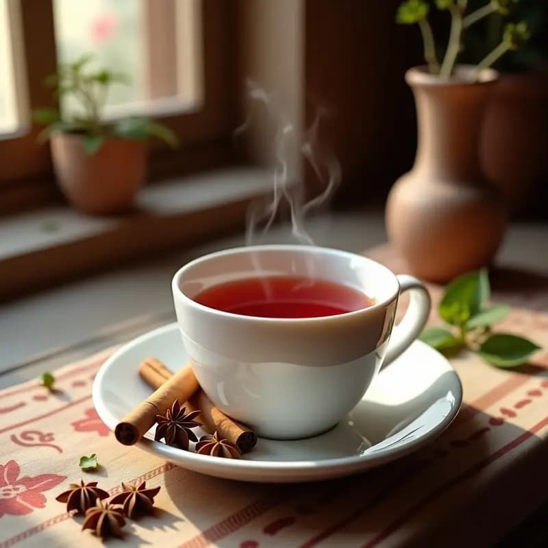 Taza de porcelana blanca con té de hibisco y canela coniel, de color rojo intenso, decorada con una rama de canela y una estrella de anís sobre la mesa de madera. Bebida egipcia relajante y sin cafeína.