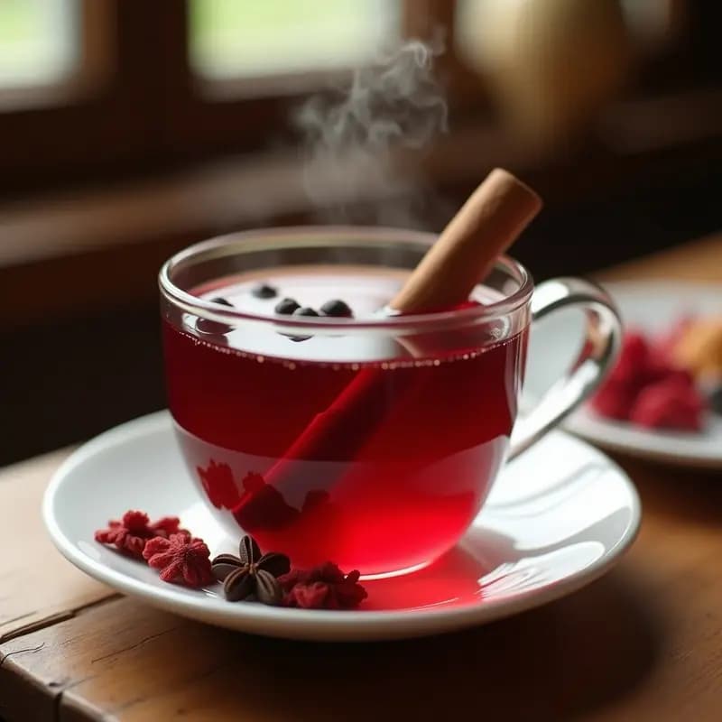 Taza de porcelana blanca con té de hibisco rojo intenso, decorada con una rama de canela y clavos de olor sobre una mesa de madera rústica. Infusión egipcia relajante y digestiva con vapor ascendente.