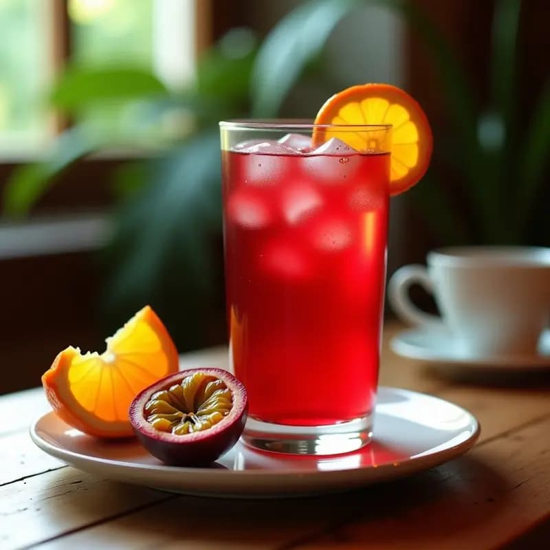 Vaso transparente con té de hibisco y maracuyá de color rojo intenso, decorado con pulpa de maracuyá y una rodaja de naranja sobre una mesa de madera rústica. Infusión tropical rica en vitamina C y sin cafeína.