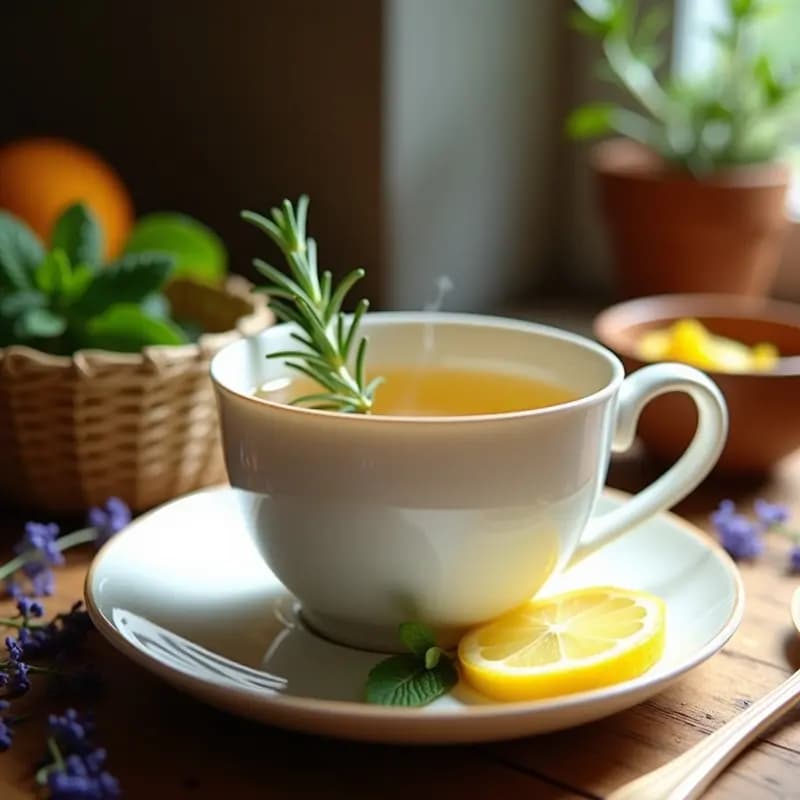 Taza de cerámica blanca con té de hierbas andaluz humeante, decorado con una rodaja de limón y una rama de romero fresco sobre una mesa de madera rústica con luz natural.