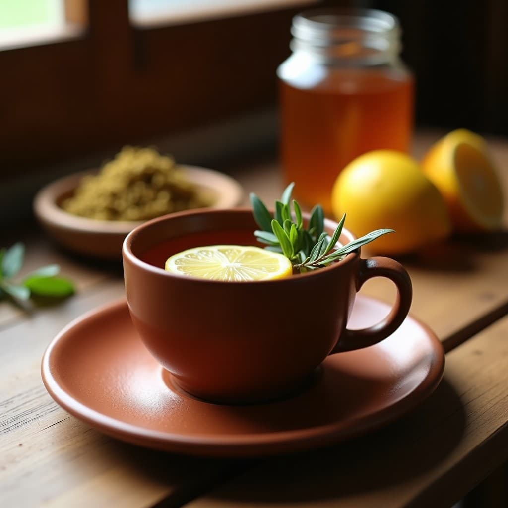 Taza de cerámica rústica con té de hierbas andinas de color ámbar oscuro, decorada con una rodaja de limón y hojas de cedrón frescas. Al fondo, hojas de coca deshidratadas y un recipiente de miel de abeja andina. Imagen cálida con tonos terrosos, evocando la tradición boliviana.
