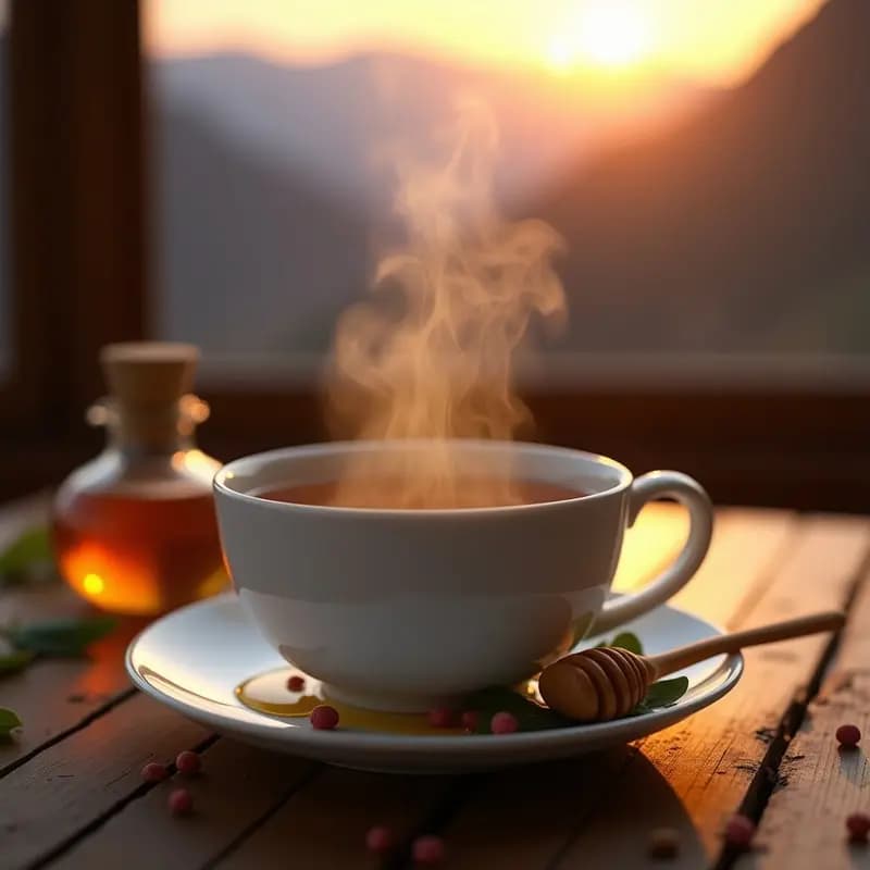 Taza de cerámica blanca con té de hierbas andinas humeante, decorada con una cucharadita de miel de ab Isaac y hojas de muña fresca al lado, sobre una mesa de madera rústica con fondo de montañas andinas al atardecer.