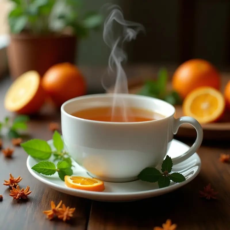 Taza de porcelana blanca con té de hierbas marroquí de color ámbar, decorada con una tira de cáscara de naranja amarga y flores de azahar flotando. Fondo de mesa de madera rústica con especias y hierbas secas esparcidas.