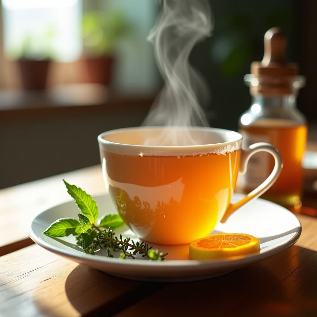 Taza de porcelana blanca con té de hierbas humeante, miel dorada y gotas de propóleo, acompañada de ramitas de tomillo fresco y una rodaja de limón sobre una mesa de madera rústica. Bebida natural para el sistema inmunológico.