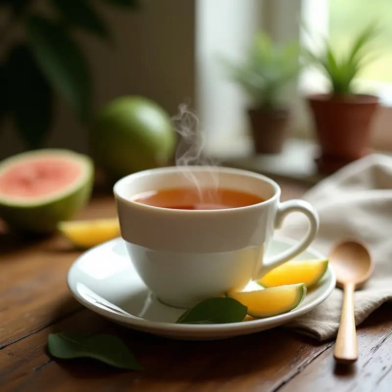 Taza de cerámica blanca con té de hojas de guayaba con jengibre, de color ámbar claro, decorada con una rodaja de limón y una ramita de jengibre fresco al lado. Fondo rústico con hojas de guayaba frescas.