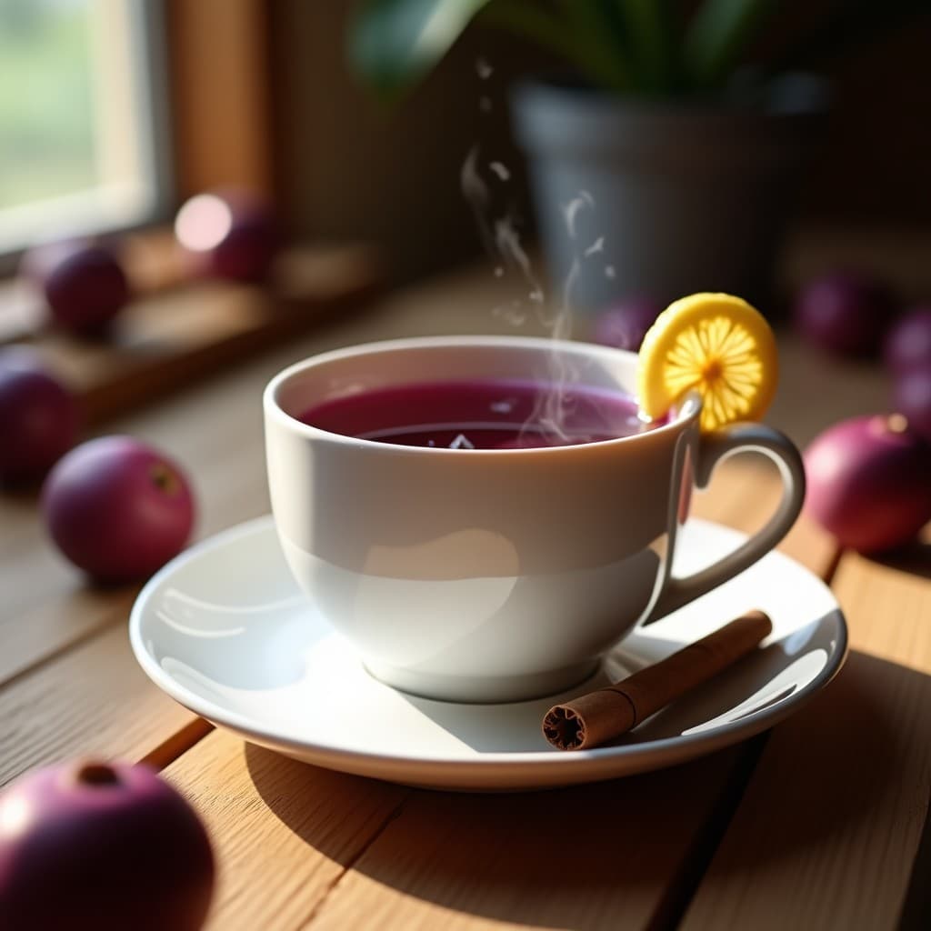 Taza de cerámica blanca con té de jabuticaba de color morado oscuro, decorada con una rama de canela y una rodaja de jengibre fresco sobre una mesa de madera rústica, con jabuticabas enteras al lado. Bebida brasileña antienvejecimiento.