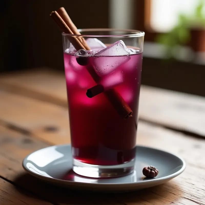 Vaso alto transparente con té de jabuticaba y clavo de olor, bebida brasilera antioxidante y sin cafeína, servido con hielo y decorado con una rama de canela y clavo de olor, sobre una mesa rústica de madera.