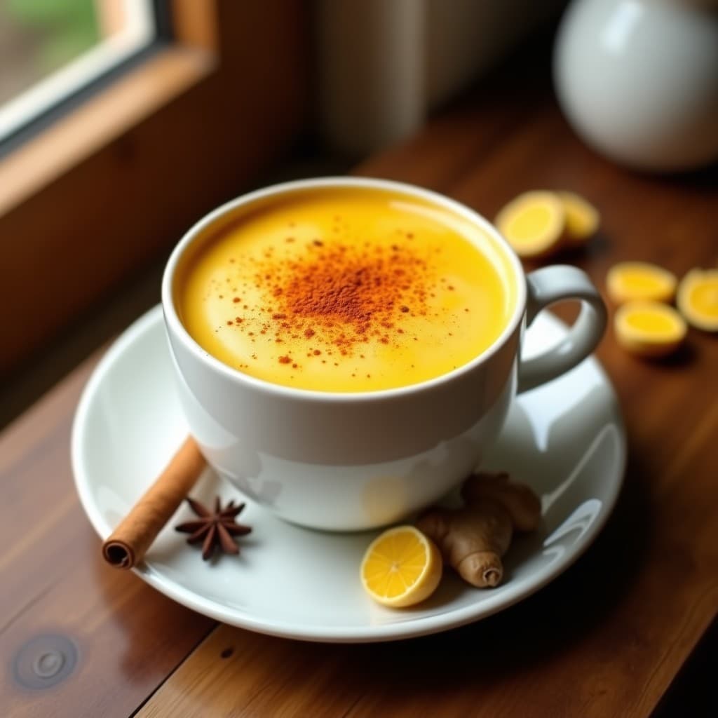 Taza de cerámica blanca con Golden Latte Vegano de color dorado intenso, espuma cremosa en la superficie y una pizca de cúrcuma y pimienta de cayena espolvoreada. Fondo con especias enteras: canela en rama, clavo de olor y rodajas de jengibre fresco. Luz cálida y ambiente acogedor.