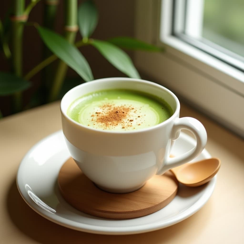 Taza de cerámica blanca con té latte de matcha verde vibrante y leche de almendra espumosa, espolvoreado con cardamomo y canela. Fondo minimalista con hojas de bambú y cucharita de madera. Bebida japonesa sin azúcar.