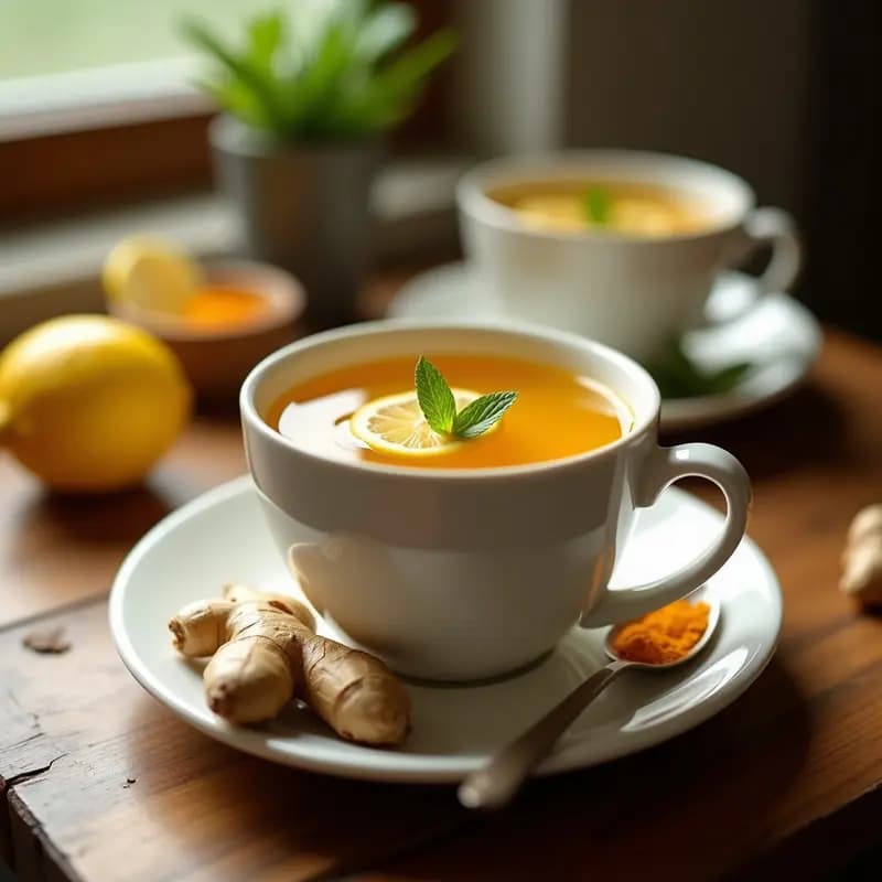 Taza de cerámica blanca con té de limón con jengibre y cúrcuma, de color dorado intenso, decorada con una rodaja de limón y hojas de menta fresca, sobre una mesa de madera rústica con ingredientes al lado: jengibre fresco, cúrcuma en polvo y un limón cortado.