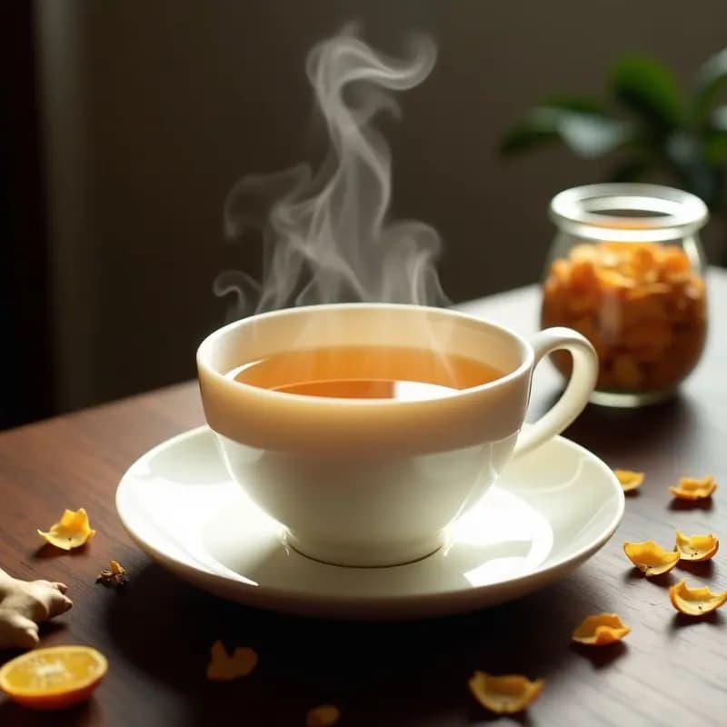 Taza de porcelana blanca con infusión dorada de té de lotus y flor de azahar, humeante, sobre una mesa de madera oscura con pétalos secos esparcidos y una rodaja de jengibre al lado.