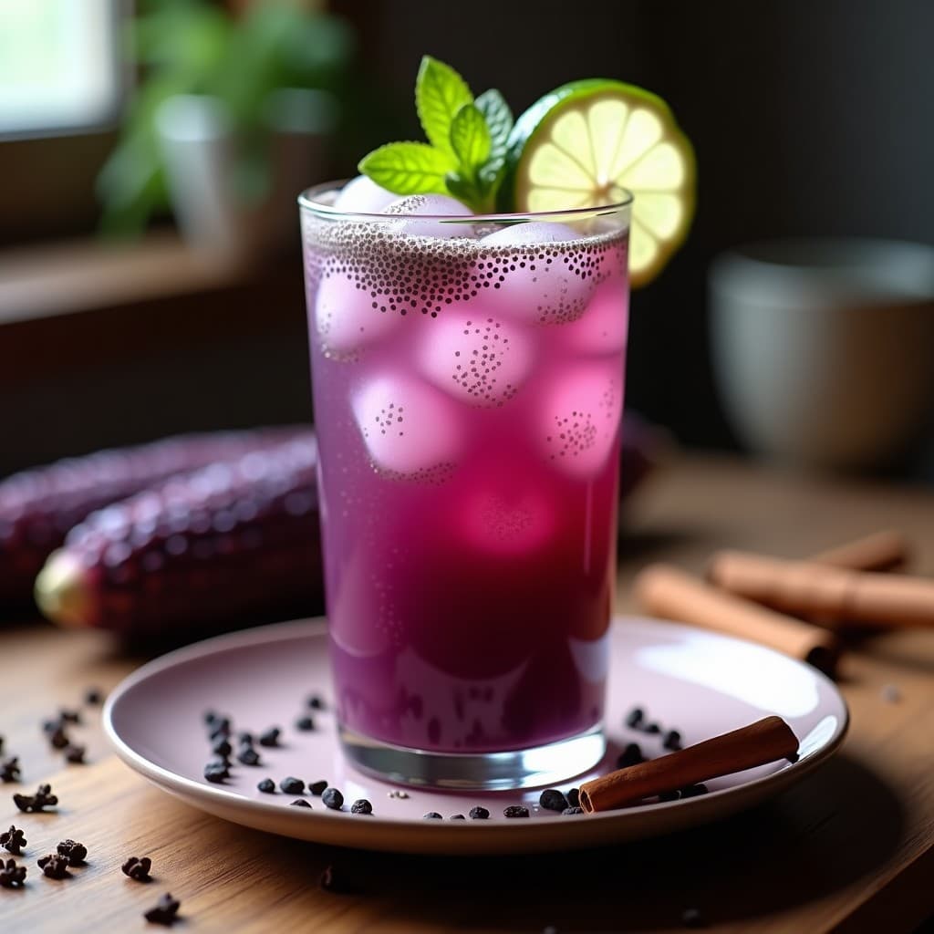 Vaso alto transparente con té de maíz morado y clavo de color vibrante, burbujas de chía gelatinosas en suspensión, hielo, decorado con rodaja de limón y hoja de hierbabuena, fondo rústico con granos de maíz morado y ramitas de canela.