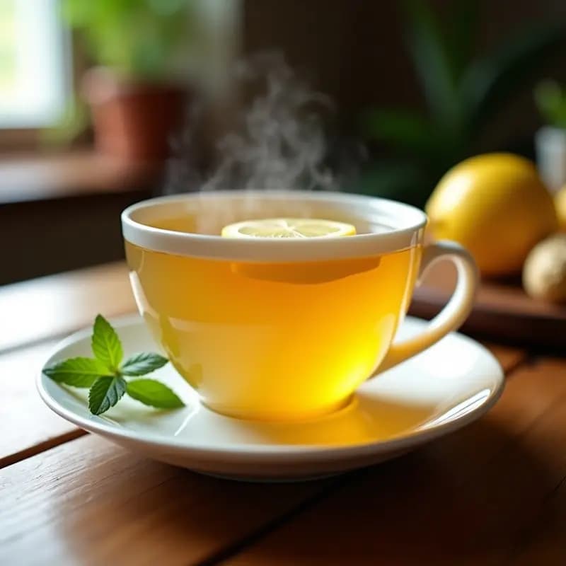 Taza de cerámica blanca con infusión dorada de té de maracuyá, jengibre y limón, decorada con una rodaja de limón y hojas de hierbabuena fresca sobre una mesa de madera rústica.