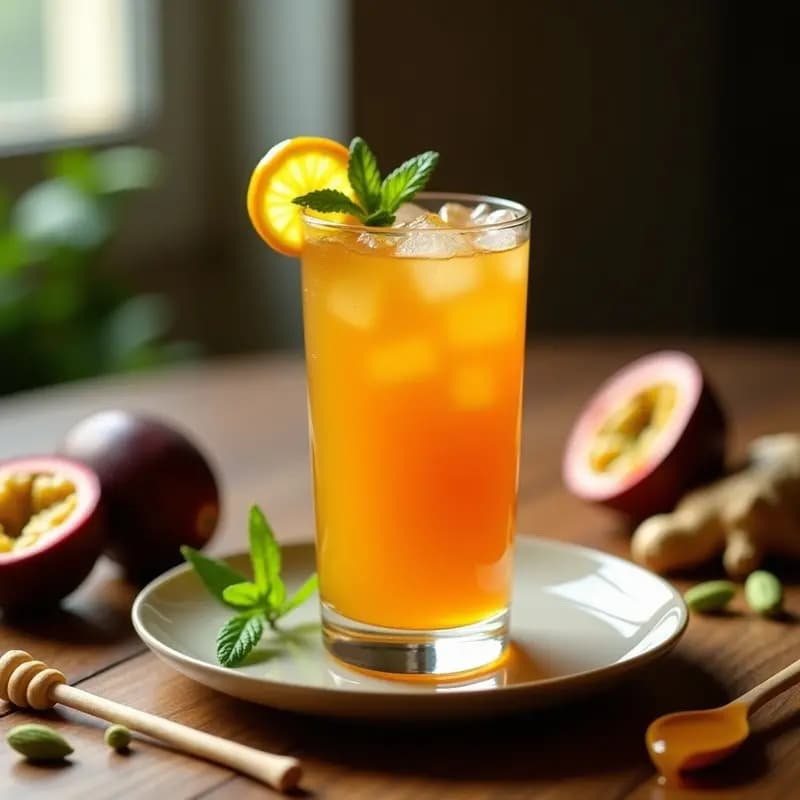 Vaso alto transparente con té de maracuyá y jengibre, de color ámbar intenso, decorado con hojas de hierbabuena fresca, rodajas de maracuyá y hielo. Al fondo, ingredientes como raíz de jengibre, pulpa de maracuyá y miel de agave sobre una mesa de madera rústica. Bebida colombiana detox y digestiva.