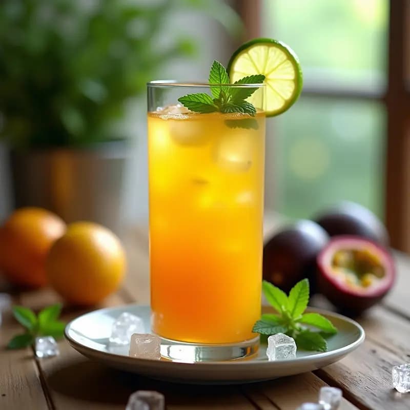 Vaso alto transparente con té de maracuyá y mentas frescas, bebida colombiana refrescante y sin cafeína, decorado con hojas de menta y rodajas de limón verde sobre una mesa de madera rústica con hielo escarchado.