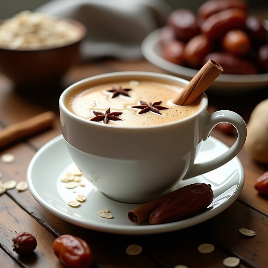 Taza de porcelana blanca con té de masala humeante, espuma cremosa en la superficie, decorada con una rodaja de dátil y una rama de canela. Fondo rústico con especias enteras (cardamomo, clavo, anís estrellado) y copos de avena esparcidos sobre una mesa de madera oscura. Luz cálida que resalta los tonos dorados de la bebida.