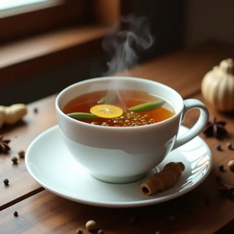 Taza de porcelana blanca con té de masala pakistaní humeante, especias de cardamomo y hinojo flotando, fondo de madera rústica y rodajas de jengibre fresco.