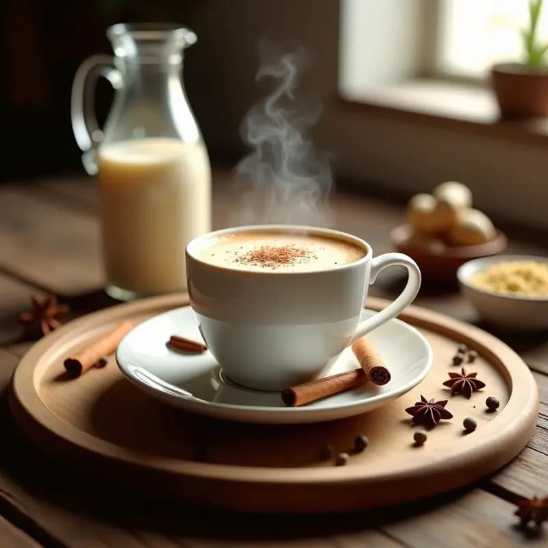 Taza de cerámica blanca humeante con té de masala chai y leche de almendras, decorada con una ramita de canela y rodajas de jengibre fresco sobre una mesa de madera rústica, con especias enteras dispersas al fondo.