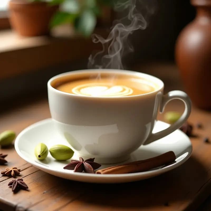 Taza de porcelana blanca con té de masala humeante, de color dorado claro, con espuma ligera en la superficie. Acompañado de especias enteras como cardamomo, canela en rama y clavo de olor esparcidas alrededor. Fondo rústico de madera con luz cálida.