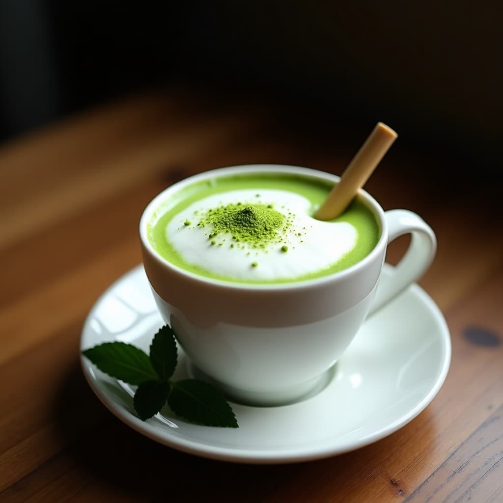 Taza de cerámica blanca con Té Matcha Latte vegano, coronado por una espuma esponjosa de aquafaba de color blanco brillante. El matcha en polvo verde vibrante espolvoreado sobre la espuma contrasta con el fondo oscuro. Pajita de bambú y hojas de menta fresca como decoración. Receta japonesa sin lácteos y antioxidante.