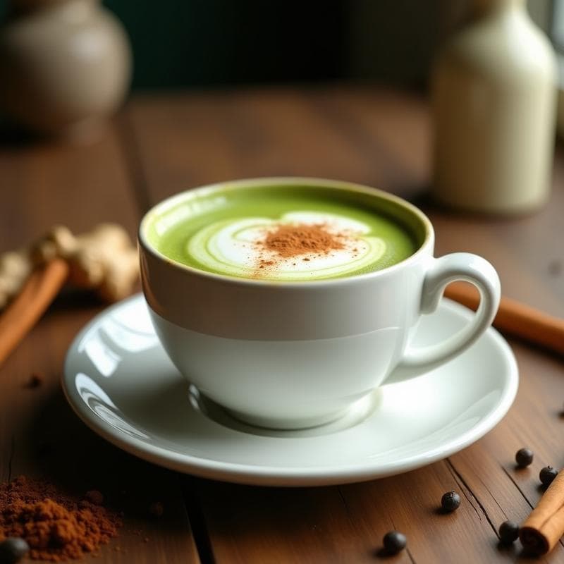 Taza de cerámica blanca con Té Matcha Latte vegano, espuma cremosa en la superficie, espolvoreado con canela y matcha en polvo, sobre una mesa de madera con especias al lado: clavo, jengibre rallado y una ramita de canela. fondo borroso con tonos cálidos.