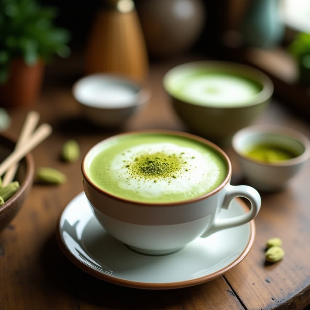 Taza de cerámica blanca con té matcha latte de color verde vibrante, coronado con espuma de leche de camello cremosa y una pizca de cardamomo en polvo. Fondo borroso con especias y hojas de té. Bebida energética y antioxidante de Oriente Medio.