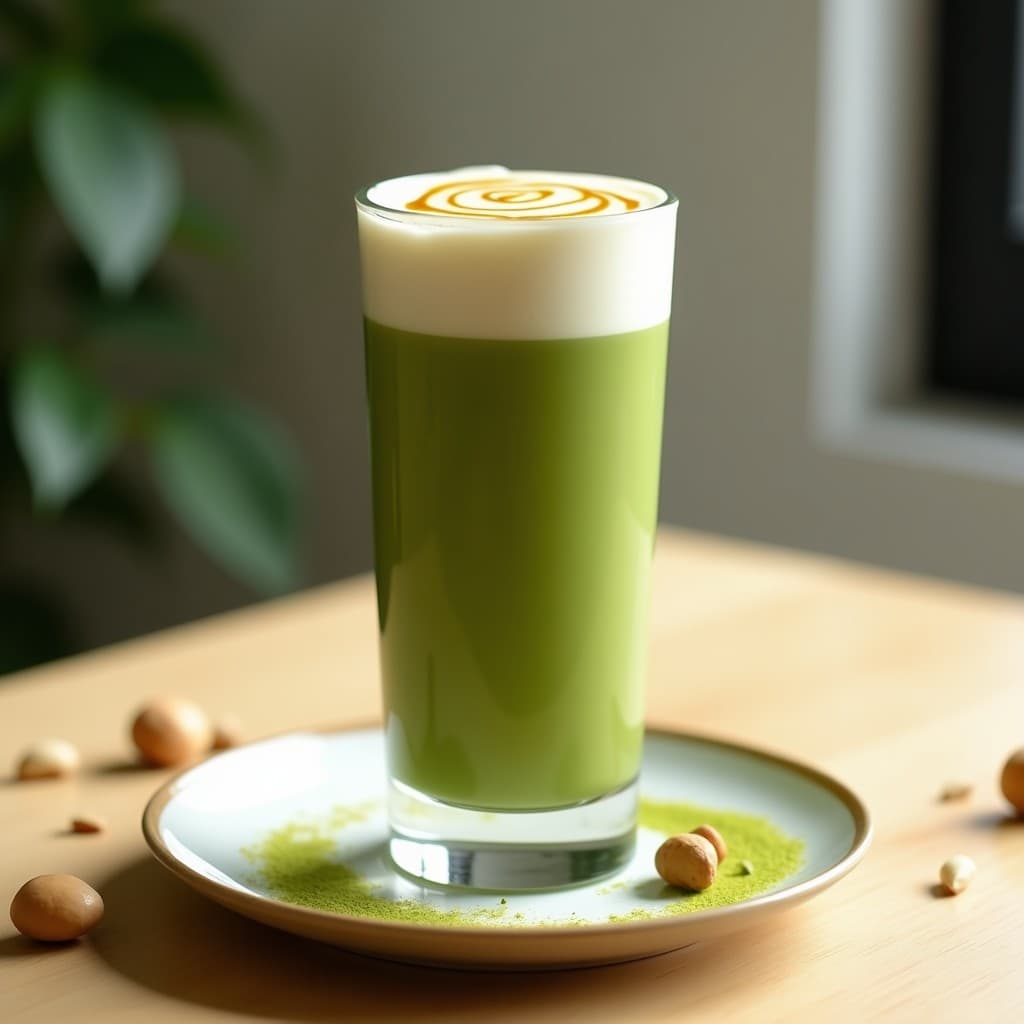 Vaso alto transparente con té matcha latte de color verde vibrante, coronado por una espuma cremosa blanca y decorado con un hilo de jarabe de agave dorado. Fondo minimalista con hojas de matcha y nueces de macadamia dispersas.