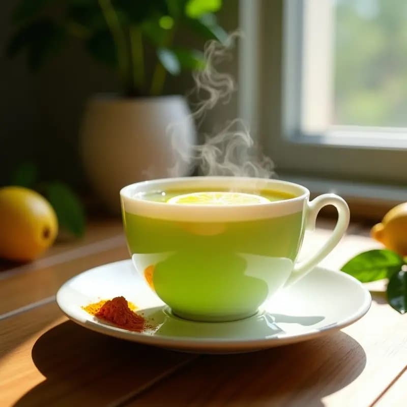 Taza de porcelana blanca con té de moringa y limón, de color verde claro y dorado, decorada con una rodaja de limón y hojas de menta fresca sobre una mesa de madera rústica. Infusión energética y rica en hierro para el desayuno.