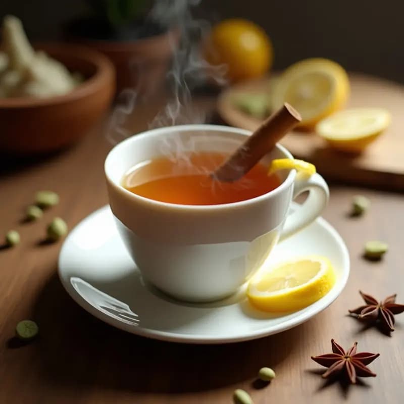 Taza de cerámica blanca humeante con té moruno dorado, decorada con una rama de canela y semillas de hinojo esparcidas, sobre una mesa de madera rústica con especias al fondo.