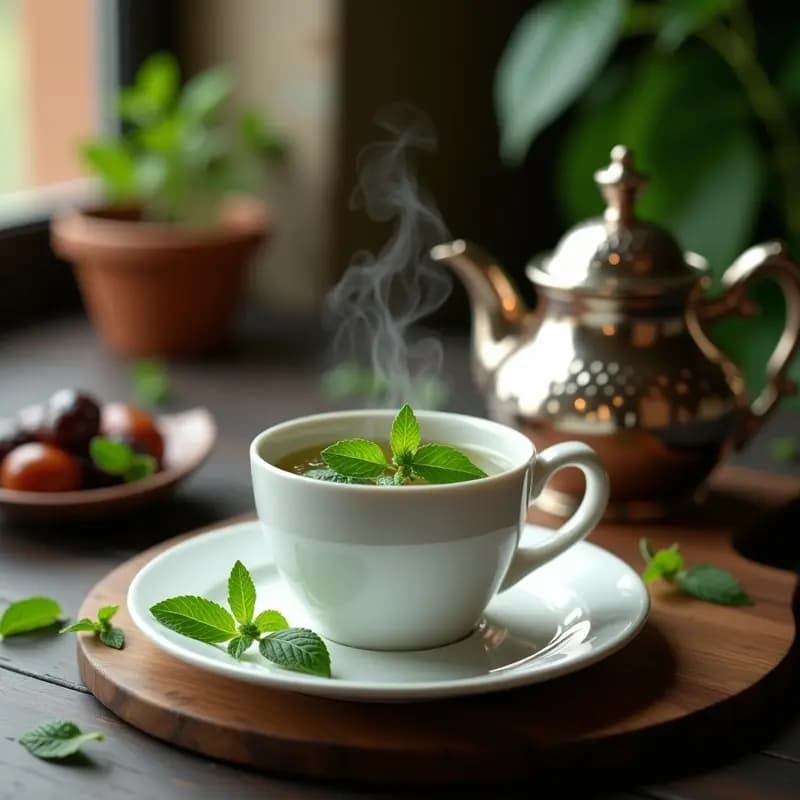 Taza de porcelana blanca con té moruno humeante, hojas de menta fresca flotando, acompañada de un plato con dátiles y una tetera de plata tradicional marroquí sobre una mesa de madera oscura.