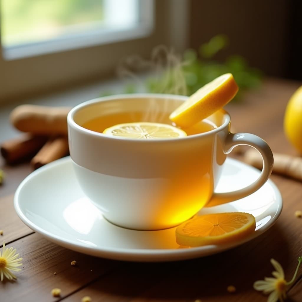 Taza de porcelana blanca con té dorado de raíz de diente de león, rodajas de limón y jengibre fresco, sobre mesa de madera rústica con fondo borroso de hierbas secas y luz natural.