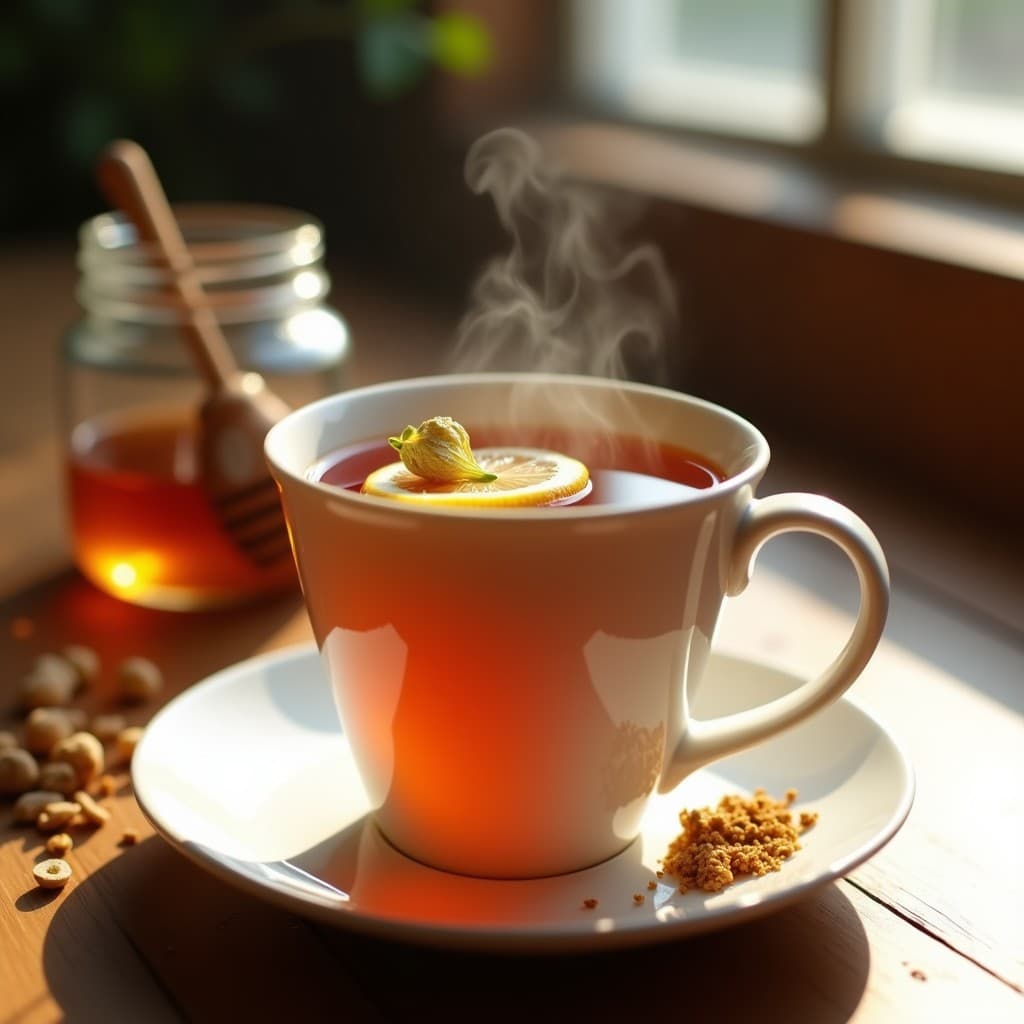 Taza de porcelana blanca con té de rooibos de color ámbar oscuro, decorado con rodaja de limón, pizca de pimienta rosa y flor de saúco. Vapor ascendente y fondo de mesa de madera rústica con hojas de bergamota y tarro de miel de Manuka.