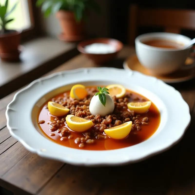 Taza de cerámica blanca con latte sudafricano de té de Rooibos y leche de coco espumosa, decorado con especias y canela en polvo sobre una mesa de madera rústica con hojas de Rooibos y una rama de canela al lado.