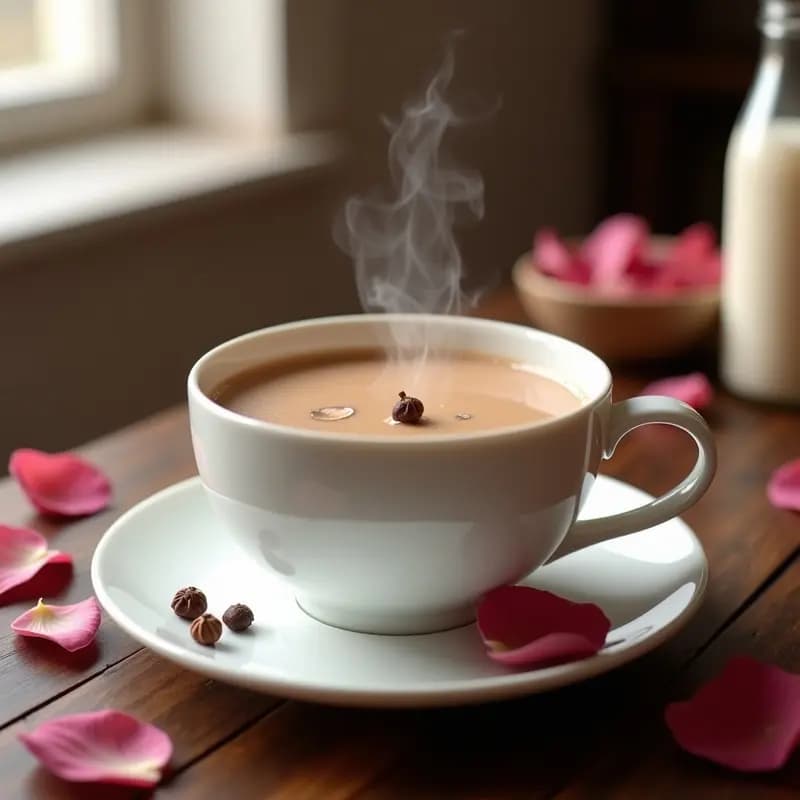 Taza de porcelana blanca humeante con té caliente de última rosa y clavo con leche de avellanas, decorada con pétalos de rosa y un clavo de olor al lado. Fondo de mesa de madera rústica con velas y especias.