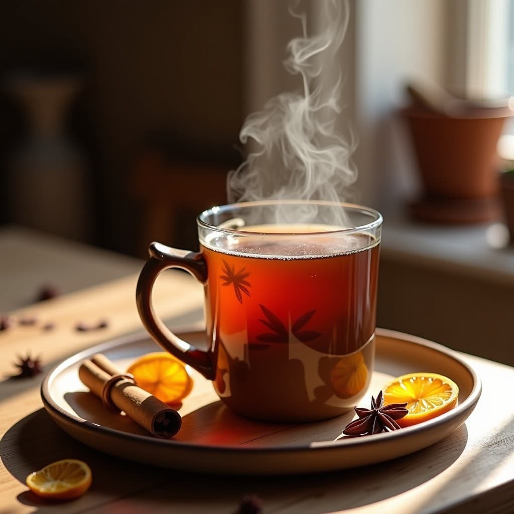 Taza de cerámica rústica con té caliente de üva de oso y canela con jengibre, vapor ascendente, rama de canela y rodaja de naranja secada al lado, fondo de madera oscura y mantel tejido.
