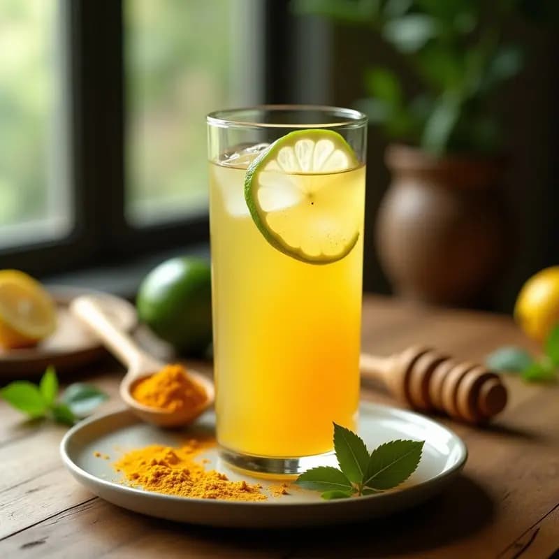 Taza de porcelana blanca con té verde dorado y transparente, decorado con una rodaja de limón amarillo y un hilo de miel de Manuka dorada. Fondo de madera clara con hojas de té esparcidas y una rama de canela. Bebida antiinflamatoria y energizante lista para servir.