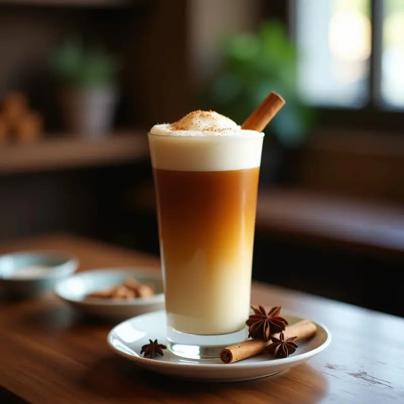 Vaso alto transparente con Teh Tarik Malasio vegano, capas de té negro oscuro y leche espumosa de coco, decorado con canela en polvo y semillas de cardamomo. Fondo borroso con especias enteras y hojas de té.