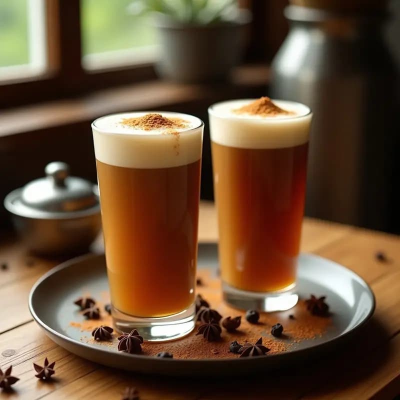 Vasos altos transparentes con Teh Tarik Malasio espumoso y dorado, decorados con semillas de cardamomo molido, sobre una mesa de madera rústica con fondo desenfocado de especias y hojas de té.