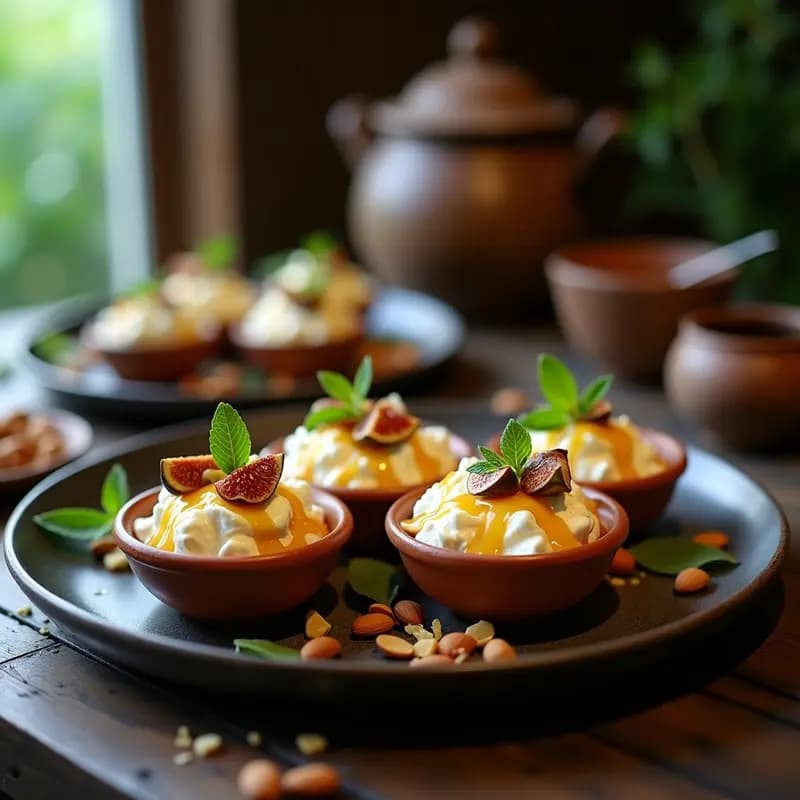 Cuatro teleras de barro rústicas con postre portugués de queso de cabra desmenuzable y yogur griego, bañadas en miel de eucalipto dorada, decoradas con almendras fileteadas, higos secos picados y hojas de menta fresca sobre fondo de madera oscura.
