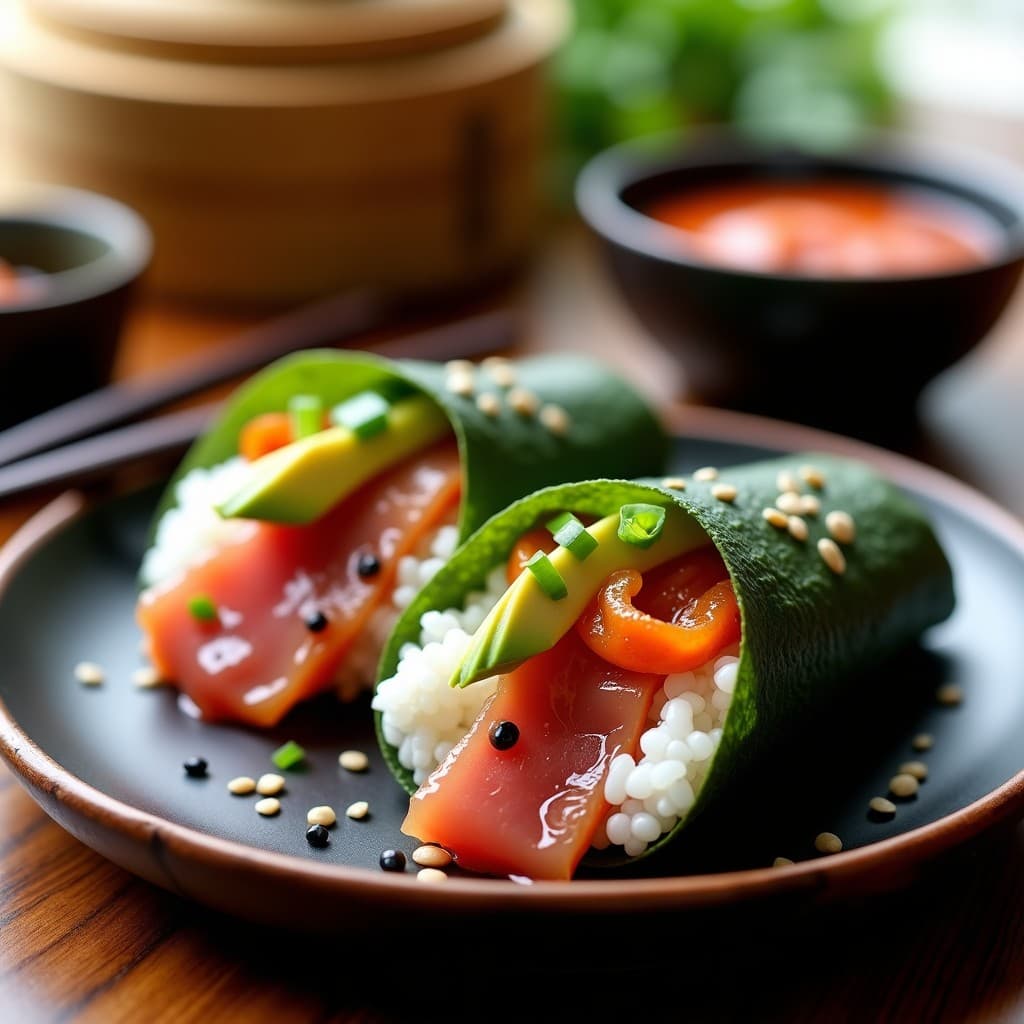 Temaki de aguacate y atún ahumado con salsa de kimchi, enrollado en alga nori, con semillas de sésamo y cebollino, sobre una tabla de madera oscura. Receta fusion japonesa-coreana.