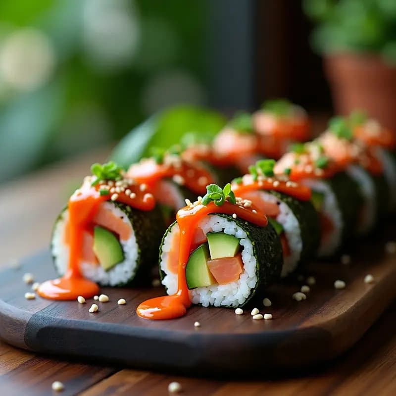 Temaki de Salmón Ahumado y Palta con Salsa Sriracha-Mayo: rollitos japoneses crujientes con nori tostado, rellenos de láminas de salmón rosado, palta cremosa y pepino, bañados en salsa naranja-rojiza. Presentados en una tabla de madera con semillas de sésamo y cebollino fresco.