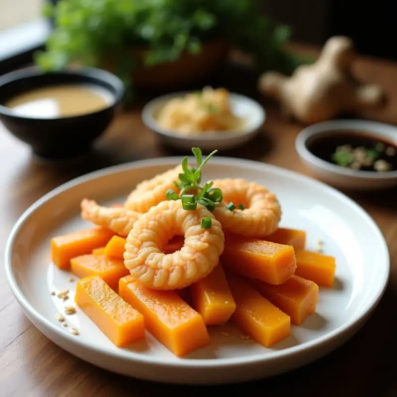 Plato blanco con tempura de camarones dorados y calabaza en bastones crujientes, acompañados de un bol pequeño con salsa de miso espesa y semillas de sésamo. Fondos borrosos de ingredientes japoneses como jengibre y cebollino.