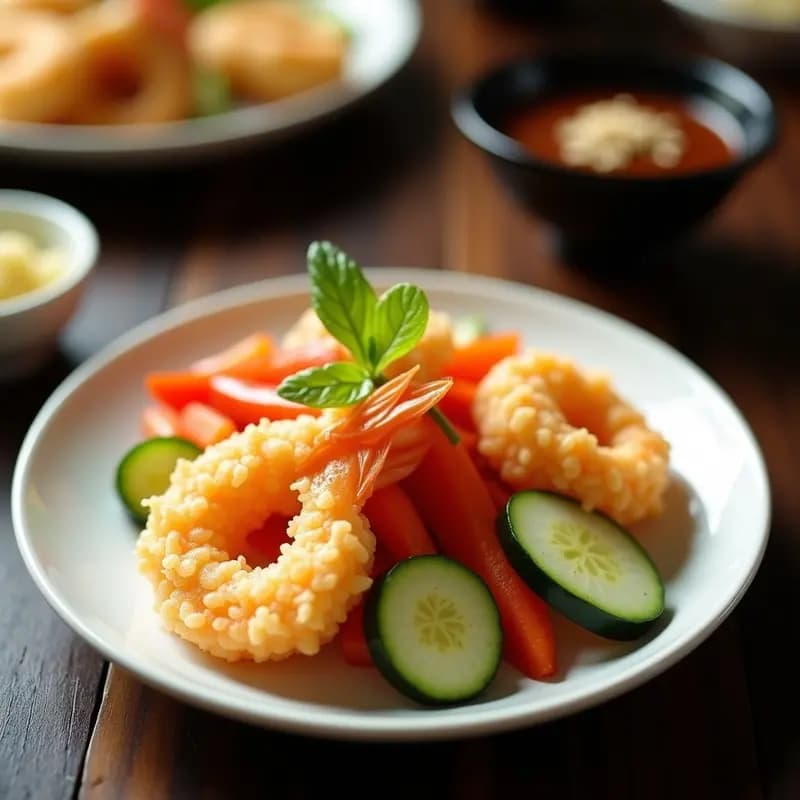 Plato blanco con tempura de camarones y vegetales dorados y crujientes, acompañados de una salsa tentuyu oscura en un bol pequeño. Decorado con semillas de sésamo y rodajas de jengibre fresco sobre fondo de madera clara.