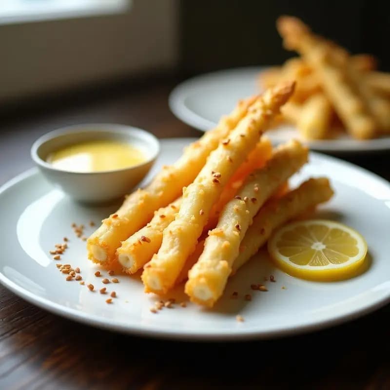 Tempura de espárragos blancos dorados y crujientes servidos en un plato blanco con salsa de yuzu amarilla y semillas de sésamo, receta japonesa en airfryer.