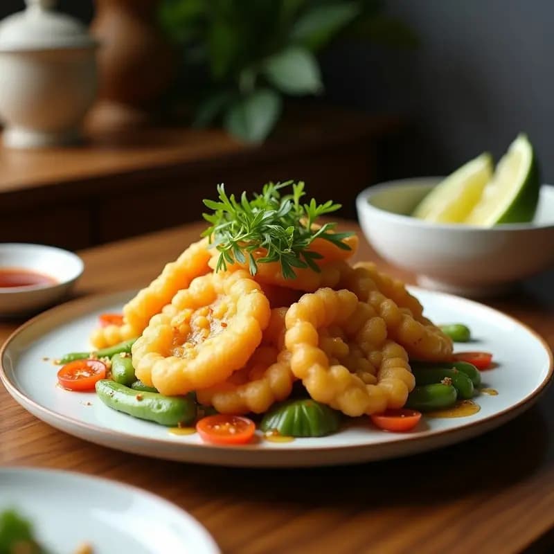 Plato blanco de cerámica con tempura de verduras crudiveganas (calabacín, zanahoria morada y pimiento rojo) rebozadas en semillas de lino y almendras, acompañadas de un bol pequeño con salsa de miso y lima. Decorado con semillas de sésamo negro y rodajas de lima.