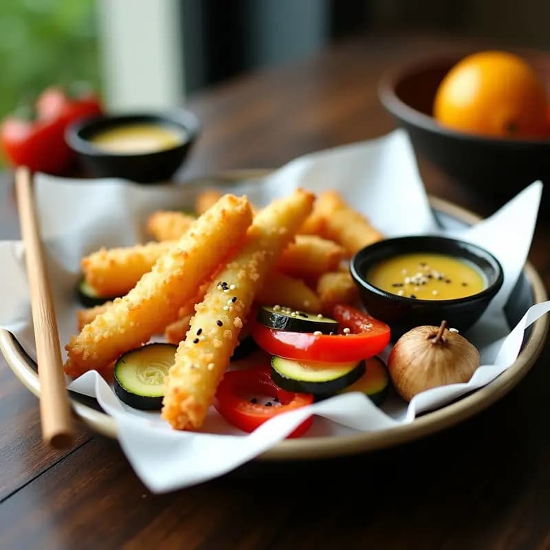Tempura de verduras doradas y crujientes con salsa ponzu en un plato blanco, decorado con semillas de sésamo y rodajas de jengibre, aperitivo japonés sin gluten.