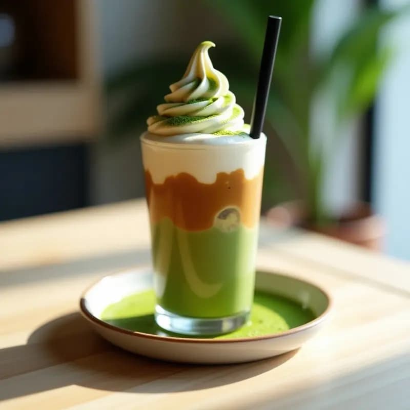 Vaso alto transparente con tensión de café helado con matcha, capas visibles de café verde y helado de vainilla, decorado con matcha en polvo y una pajita negra, sobre fondo claro.