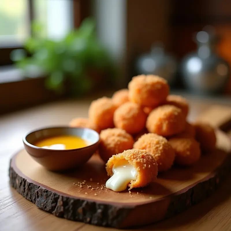 Tequeños de queso de búfala y jamón serrano dorados y crujientes servidos en una tabla de madera con salsa de mango al lado, aperitivo venezolano en airfryer.
